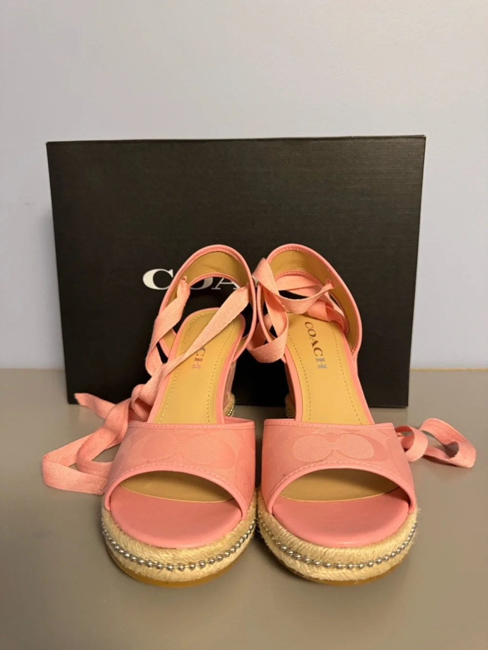NEW Coach Pink Signature Espadrille Wedge Sandals with Ankle Wraps 6.5 - Picture 3 of 7